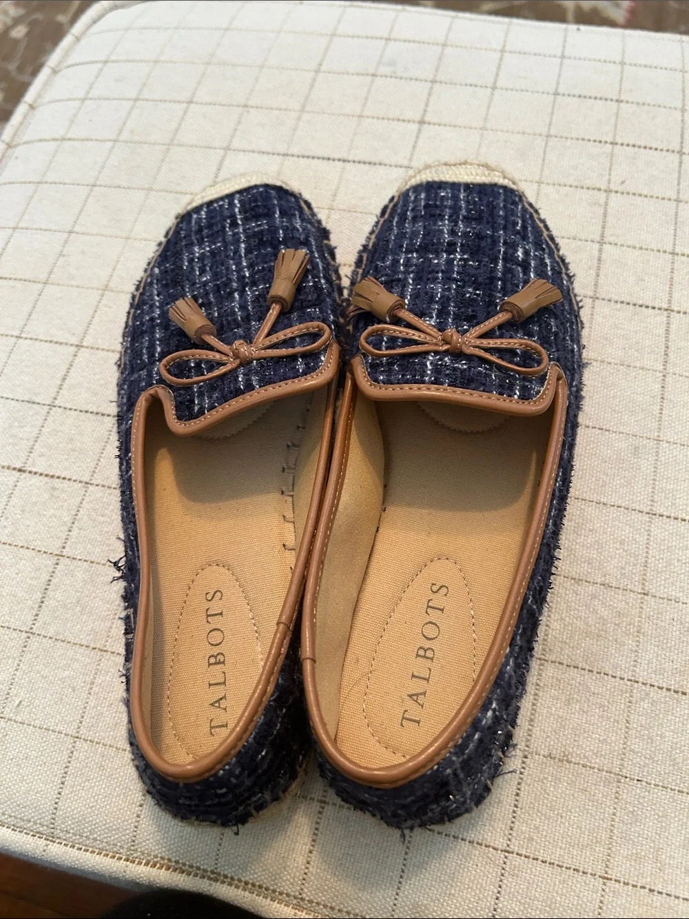 Talbots Navy Tweed Slip-On Espadrille Loafers with Tan Trim and Tassels - Picture 5 of 6